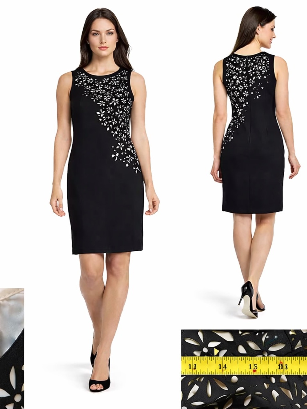 Calvin Klein Black Midi Sheath Dress with Cream Floral Cutouts - Picture 3 of 12